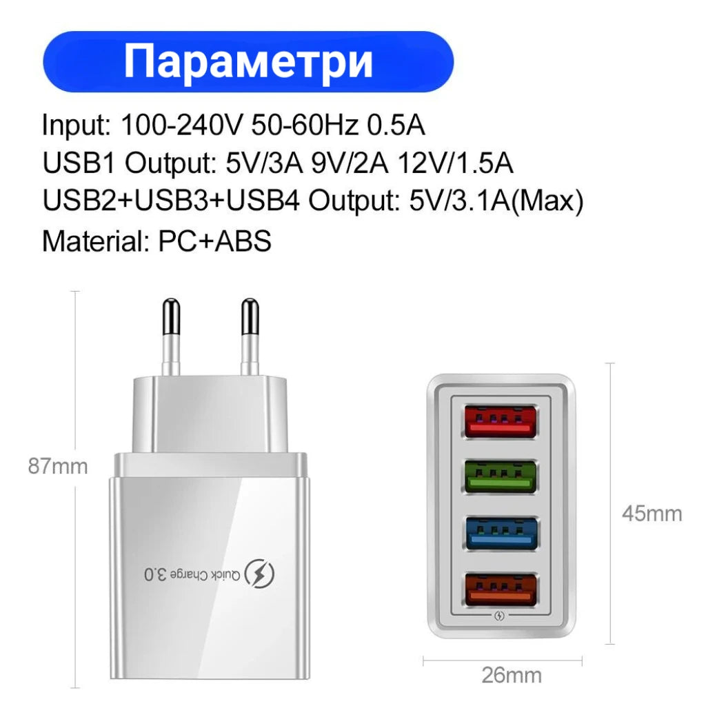 Мрежово зарядно за бързо зареждане - 4x USB
